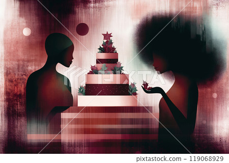 Two figures admire a beautifully decorated cake with festive touches in a warm, inviting atmosphere during a celebration 119068929