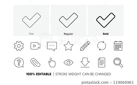 Search, Video camera and Check mark. Document, Calendar and Question mark line icons. Linear icon set. Line icons set. Vector 119068961