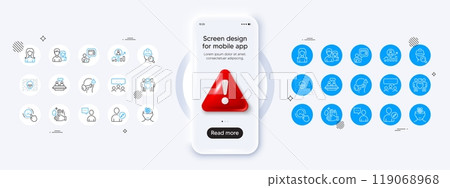 Users chat, Career ladder and Edit user line icons. Phone mockup with 3d danger icon. Pack of Anxiety, Cyber attack, Love couple icon. Woman, Wallet, Wash hands pictogram. Vector 119068968