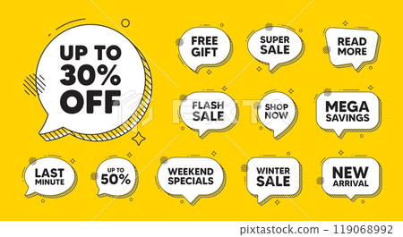 Offer speech bubble icons. Up to 30 percent off sale. Discount offer price sign. Special offer symbol. Save 30 percentages. Discount tag chat offer. Speech bubble discount banner. Vector 119068992