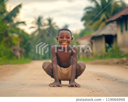 A smiling boy squats on a dirt road surrounded by tropical vegetation and rustic buildings in the late afternoon sun 119068998