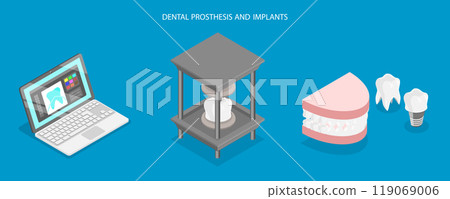 3D Isometric Flat Vector Illustration of Modern Dentistry, Advances In Medical 3D Printing For Dental Prosthetics And Implants 119069006