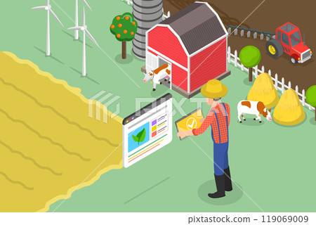 3D Isometric Flat Vector Illustration of Smart Farming, Farmer Utilizing Technologies For Field Control And Monitoring 3D Isometric Flat Vector Illustration of Smart Farming, Farmer Utilizing Technologies For Field Control And Monitoring 119069009