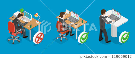 3D Isometric Flat Vector Illustration of How To Sit At Desk, Advice For Office Workers On Correct Sitting Posture 119069012