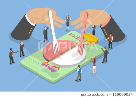 3D Isometric Flat Vector Illustration of Capitalism, Sharing Pie Chart Profits With A Crowd Of People Around 119069024
