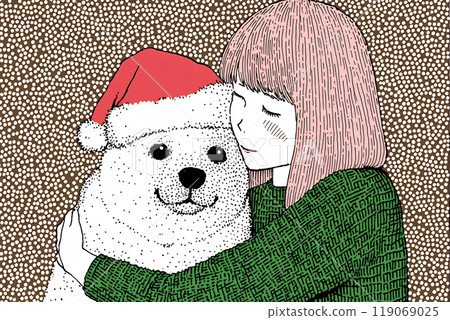 A girl in a green sweater hugs a polar bear wearing a Santa hat during the holiday season 119069025