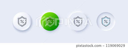 Loan percent line icon. Neumorphic, Green gradient, 3d pin buttons. Protection shield sign. Credit percentage symbol. Line icons. Neumorphic buttons with outline signs. Vector Loan percent line icon. Neumorphic, Green gradient, 3d pin buttons. Protection shield sign. Credit percentage symbol. Line icons. Neumorphic buttons with outline signs. Vector 119069029