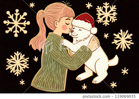A girl wearing a green sweater hugs a white dog in a Santa hat surrounded by snowflakes during the festive winter season 119069035