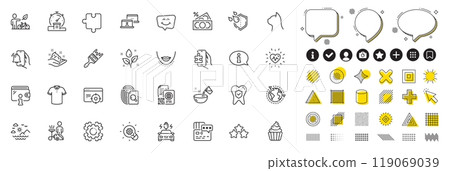 Set of Smile chat, Card and Seo gear line icons for web app. Design elements, Social media icons. Car charging, T-shirt, Brush icons. Wallet, Cooking water, Money tax signs. Vector Set of Smile chat, Card and Seo gear line icons for web app. Design elements, Social media icons. Car charging, T-shirt, Brush icons. Wallet, Cooking water, Money tax signs. Vector 119069039