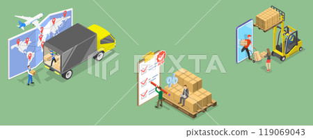 3D Isometric Flat Vector Illustration of Efficient Logistics Coordination, Supply Chain Optimization 119069043