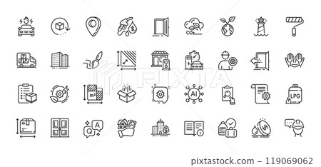 Buying house, Petrol station and Brush line icons pack. AI, Question and Answer, Map pin icons. Buildings, Technical documentation, Floor plan web icon. Vector 119069062