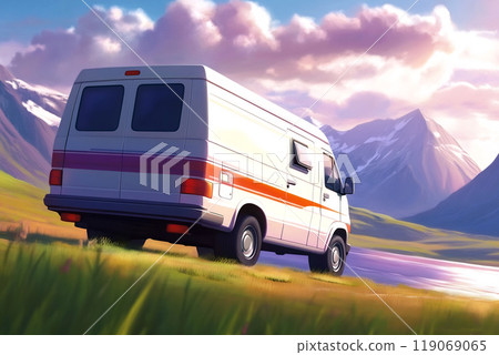 A vintage camper van parked by a serene lake surrounded by mountains during the golden hour of sunset A vintage camper van parked by a serene lake surrounded by mountains during the golden hour of sunset 119069065