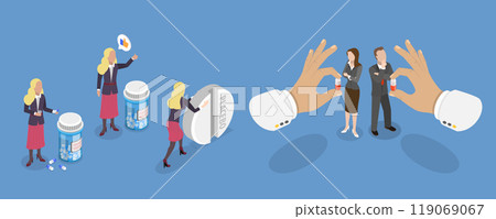 3D Isometric Flat Vector Illustration of Placebo Effect, Fake Treatment, Belief influence 3D Isometric Flat Vector Illustration of Placebo Effect, Fake Treatment, Belief influence 119069067