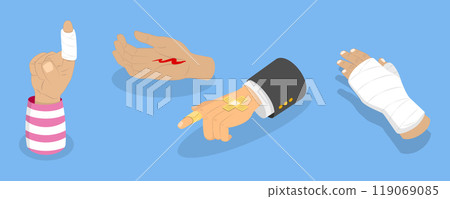 3D Isometric Flat Vector Set of Hand Injury Treatment, Limb Bandaging Instructions 119069085
