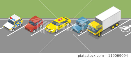 3D Isometric Flat Vector Illustration of Parking Lot, Angel Parked Vehicles 3D Isometric Flat Vector Illustration of Parking Lot, Angel Parked Vehicles 119069094