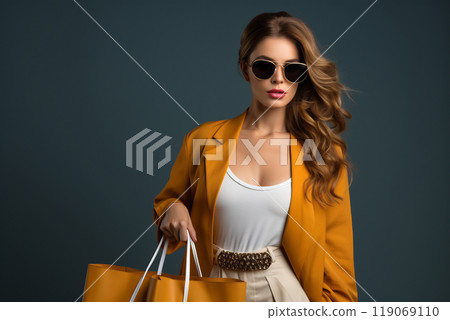 Confident woman in a stylish mustard blazer holds shopping bags against a dark backdrop during a fashion shoot in a studio 119069110