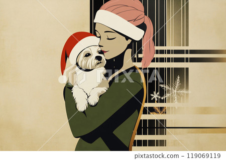 A woman in a Christmas hat lovingly holds a small dog while sharing a festive moment during the holiday season 119069119