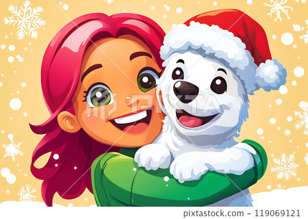 A cheerful girl with pink hair joyfully hugs a white dog wearing a Santa hat against a snowy festive background 119069121