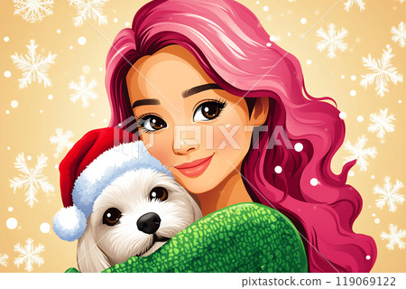 A cheerful girl with pink hair embraces a small dog wearing a Santa hat during a snowy holiday season 119069122