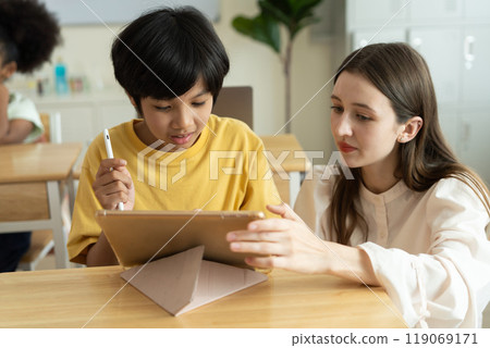 Teacher Guiding Student with Digital Learning in Diverse Classroom 119069171