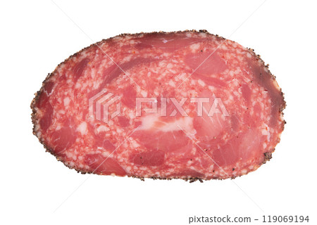slice of spanish salchichon sausage isolated slice of spanish salchichon sausage isolated 119069194