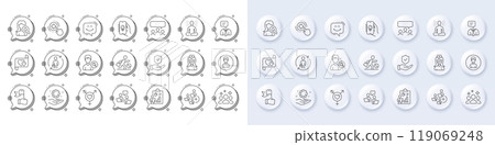Insurance hand, Support service and Smile chat line icons. White pin 3d buttons, chat bubbles icons. Pack of Teamwork, Person, Meeting icon. Search people, Genders, Nurse pictogram. Vector 119069248