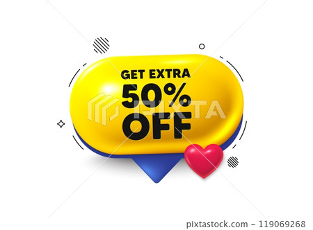 Offer speech bubble 3d icon. Get Extra 50 percent off Sale. Discount offer price sign. Special offer symbol. Save 50 percentages. Extra discount chat offer. Speech bubble love banner. Vector Offer speech bubble 3d icon. Get Extra 50 percent off Sale. Discount offer price sign. Special offer symbol. Save 50 percentages. Extra discount chat offer. Speech bubble love banner. Vector 119069268