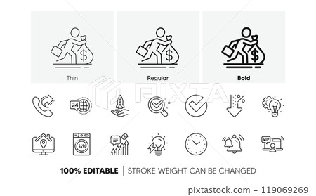 Chemistry lab, Work home and Verify line icons. Pack of Bell, Dryer machine, Crowdfunding icon. Kpi, 24h service, Salary pictogram. Share call, Time, Idea gear. Vip access. Line icons. Vector 119069269