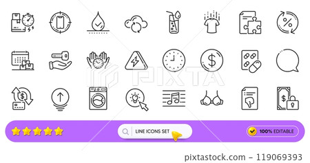 Capsule pill, Thumb down and Waterproof line icons for web app. Pack of Strategy, Bra, Swipe up pictogram icons. Dollar money, Private payment, Smartphone target signs. Safe time. Search bar. Vector Capsule pill, Thumb down and Waterproof line icons for web app. Pack of Strategy, Bra, Swipe up pictogram icons. Dollar money, Private payment, Smartphone target signs. Safe time. Search bar. Vector 119069393