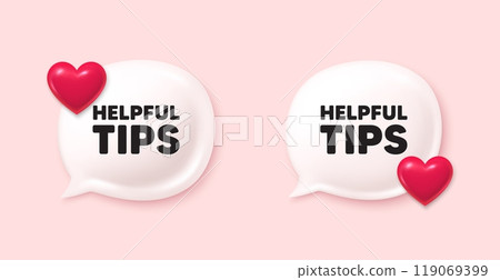 Helpful tips tag. Chat speech bubble 3d icons. Education faq sign. Help assistance symbol. Helpful tips chat offer. Love speech bubble banners set. Text box balloon. Vector 119069399