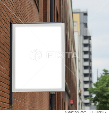 Mockup for illuminated vertical street sign. Brand logo board. PSD format. For shop, business, logo 119069417