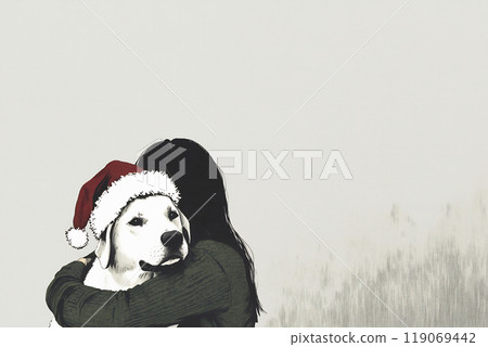 A woman embraces her dog wearing a Santa hat in a cozy indoor setting during the holiday season 119069442