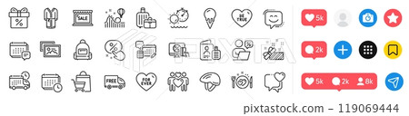 For ever, Present and Ice cream line icons pack. Social media icons. Bicycle helmet, Discount offer, Sale web icon. Be true, Heart, Love couple pictogram. Message, Account, Tanning time. Vector For ever, Present and Ice cream line icons pack. Social media icons. Bicycle helmet, Discount offer, Sale web icon. Be true, Heart, Love couple pictogram. Message, Account, Tanning time. Vector 119069444