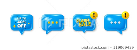 Offer speech bubble 3d icons. Up to 40 percent off sale. Discount offer price sign. Special offer symbol. Save 40 percentages. Discount tag chat offer. Flash sale, danger alert. Vector 119069459
