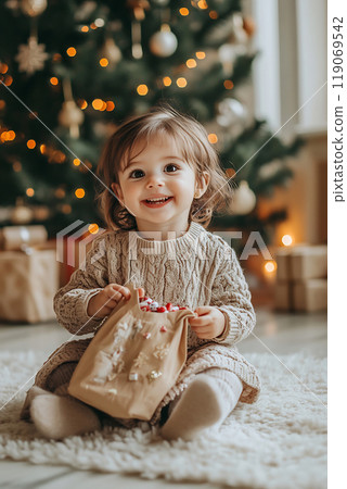 A cheerful child sits on the floor, holding a gift bag in front of a beautifully decorated Christmas tree in a cozy living room 119069542