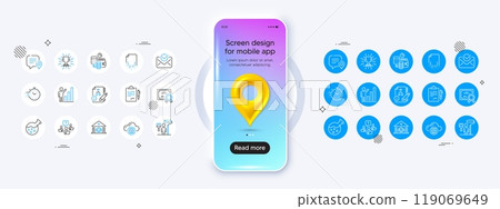 Phone mockup with 3d map pin icon. Clipboard, Painter and Teamwork question line icons. Pack of Certificate, Chemistry lab, Cloud computing icon. Graph chart, Timer, Trophy pictogram. Vector 119069649