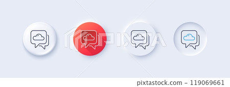 Weather forecast line icon. Neumorphic, Red gradient, 3d pin buttons. Clouds sign. Cloudy sky symbol. Line icons. Neumorphic buttons with outline signs. Vector 119069661