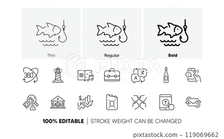 Court building, Call center and Swipe up line icons. Pack of Fraud, Music book, Full rotation icon. Squad, Canister oil, Lighthouse pictogram. Champagne, Rise price, Translate. Line icons. Vector 119069662
