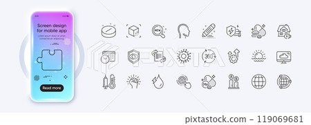Eye detect, Hydroelectricity and Coronavirus line icons for web app. Phone mockup gradient screen. Pack of Seo gear, Overeating pills, Puzzle pictogram icons. Home charging, Head, Globe signs. Vector 119069681