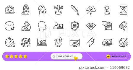Seo gear, Timer and Chemistry pipette line icons for web app. Pack of Qr code, Education, 24 hours pictogram icons. Capsule pill, Clipboard, Vitamin h signs. Sick man, Bitcoin chart, Head. Vector Seo gear, Timer and Chemistry pipette line icons for web app. Pack of Qr code, Education, 24 hours pictogram icons. Capsule pill, Clipboard, Vitamin h signs. Sick man, Bitcoin chart, Head. Vector 119069682