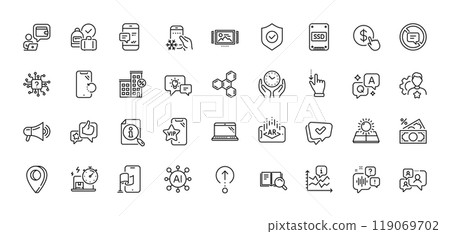 Support chat, Brand and Location app line icons pack. AI, Question and Answer, Map pin icons. Security shield, Artificial intelligence, Voicemail web icon. Vector 119069702