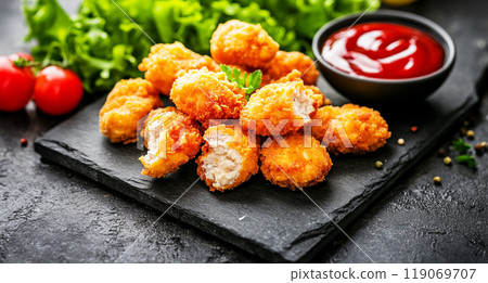 Fried chicken nuggets salad and ketchup on black stone background Fried chicken nuggets salad and ketchup on black stone background 119069707