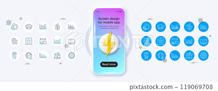 Cash money, Calculator target and Cash back line icons. Phone mockup with 3d energy icon. Pack of Investment graph, Histogram, Infochart icon. Online job, Vip ticket, Money bag pictogram. Vector 119069708