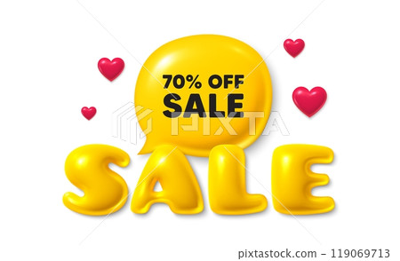 Sale text 3d banner with chat bubble. Sale 70 percent off discount. Promotion price offer sign. Retail badge symbol. Sale chat message. 3d speech bubble offer banner. Sale text balloon. Vector 119069713