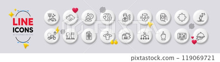 Third party, Friends couple and Charge battery line icons. White buttons 3d icons. Pack of Food delivery, Cloud computing, Puzzle icon. Download app, Chess, Leadership pictogram. Vector Third party, Friends couple and Charge battery line icons. White buttons 3d icons. Pack of Food delivery, Cloud computing, Puzzle icon. Download app, Chess, Leadership pictogram. Vector 119069721