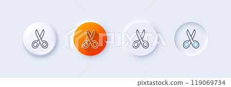 Cut line icon. Neumorphic, Orange gradient, 3d pin buttons. Tailor, hairdresser or barber scissors sign. Shears symbol. Line icons. Neumorphic buttons with outline signs. Vector 119069734