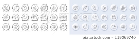 Recycle water, Juice and Moon line icons. White pin 3d buttons, chat bubbles icons. Pack of Almond nut, Green energy, Apple icon. Christmas holly, Peas, World water pictogram. Vector 119069740