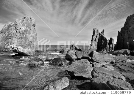 Hashigui Rocks amazing stone formations in Kushimoto Town in Kii Peninsula of Wakayama Prefecture in Japan 119069779