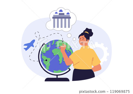Travel concept in modern flat design for web. Woman going to vacation journey by airline transportation, planning her trip with locations route at globe in Europa landmark tour. Vector illustration. 119069875