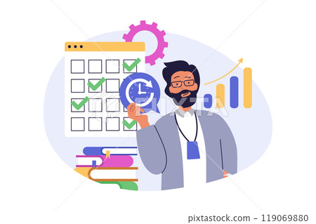 Time management concept in modern flat design for web. Man planning job, setting with tasks in calendar, organizing productivity workflow with deadlines, using work timeline. Vector illustration. Time management concept in modern flat design for web. Man planning job, setting with tasks in calendar, organizing productivity workflow with deadlines, using work timeline. Vector illustration. 119069880